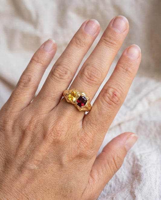 Double Stone Ring worn on the hand, shown true to size
