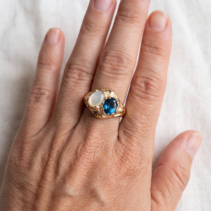 London Blue Topaz and Mother of Pearl Ring worn on the hand, shown true to size