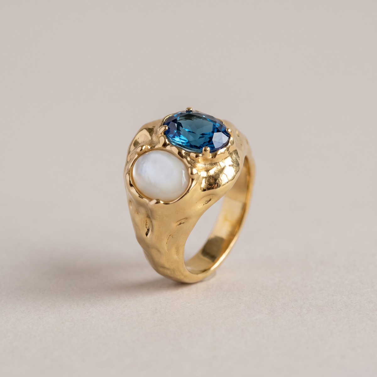 London Blue Topaz and Mother of Pearl Ring in sculptural 18K gold vermeil