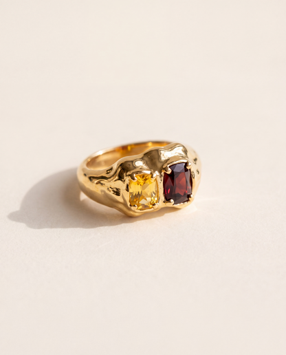 Double Stone Ring in molten 18K gold vermeil with a citrine and a deep red stone side by side