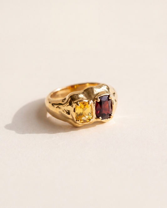 Double Stone Ring in molten 18K gold vermeil with a citrine and a deep red stone side by side