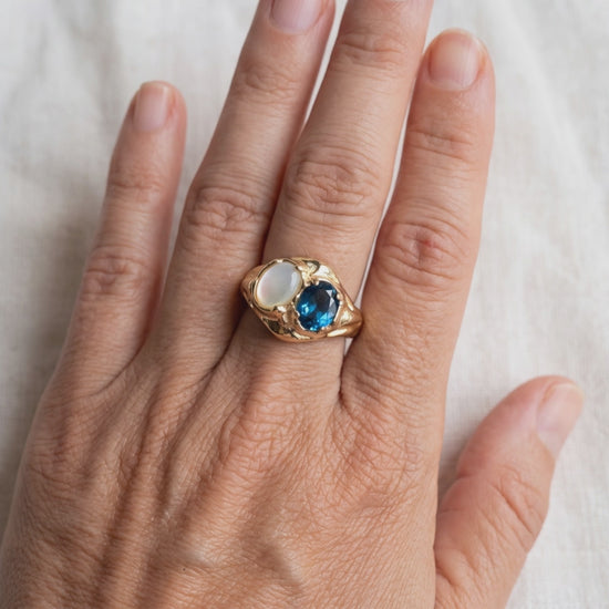 London Blue Topaz and Mother of Pearl Ring on the hand, true to size, light moving across the stones