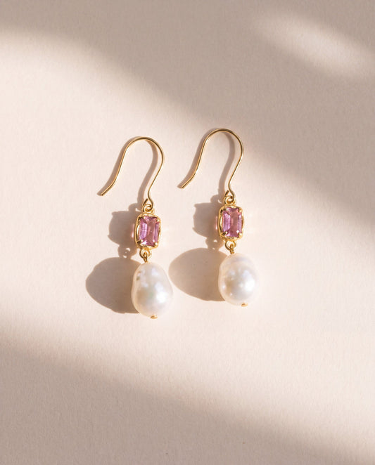 Drip Pearl Earrings in 18K gold vermeil with pink tourmaline and baroque pearl