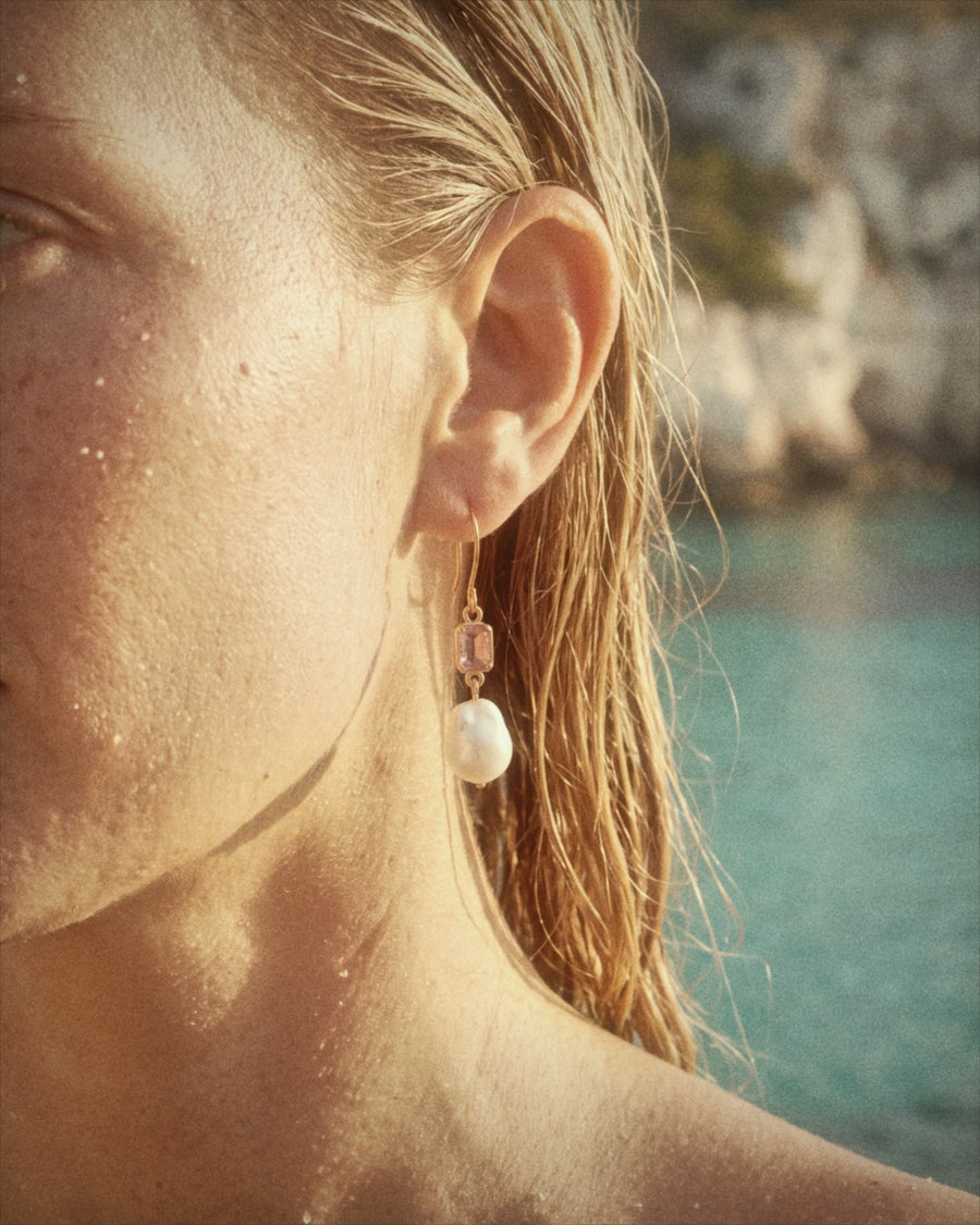 Drip Pearl Earrings in Pink Tourmaline & Raw Pearl