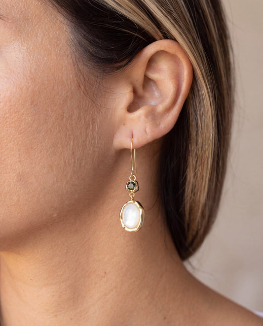 Shell Drop Earrings worn, shown true to size